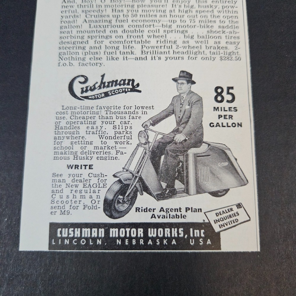 1950 Cushman Motor Works Eagle Scooter Vintage Print‎ Ad Lincoln NE Rider Agent